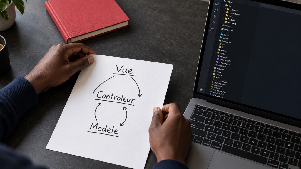 Croquis MVC à la main à côté d’un projet Laravel ouvert