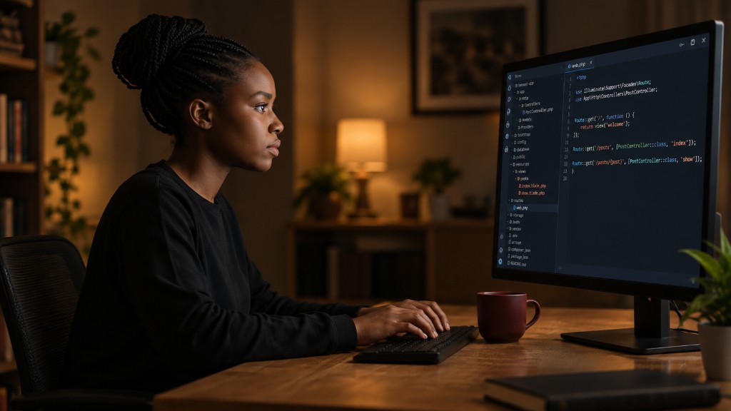 Une développeuse lance un serveur local et lit le code Laravel