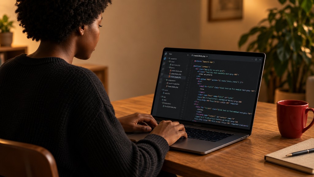 Une développeuse écrit un gabarit Blade mêlé au PHP